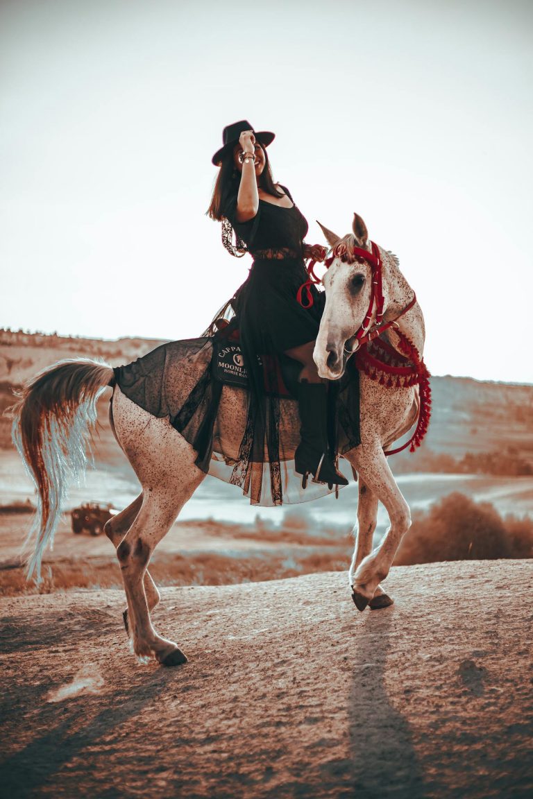 A majestic scene of a woman in black attire riding a horse in the desert, exuding elegance.